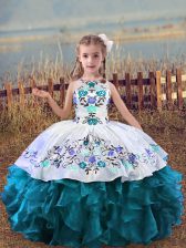 Lovely Sleeveless Floor Length Embroidery and Ruffles Lace Up Girls Pageant Dresses with Teal 