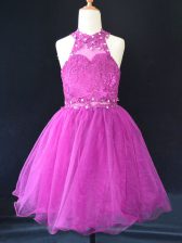 Beautiful Sleeveless Mini Length Beading and Lace Lace Up Winning Pageant Gowns with Fuchsia