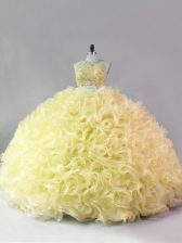Vintage Scoop Sleeveless Quinceanera Gown Floor Length Beading Yellow Fabric With Rolling Flowers