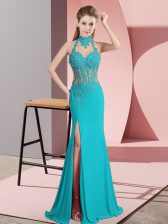  Halter Top Sleeveless Prom Evening Gown Floor Length Beading Aqua Blue Chiffon