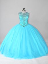 Artistic Floor Length Ball Gowns Sleeveless Aqua Blue Quinceanera Gown Lace Up