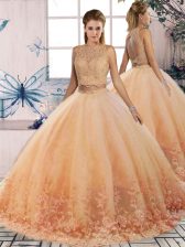 Perfect Peach Scalloped Neckline Lace Sweet 16 Quinceanera Dress Sleeveless Backless