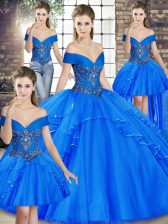 Customized Tulle Off The Shoulder Sleeveless Lace Up Beading and Ruffles Quinceanera Dresses in Royal Blue
