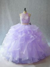  Lavender Organza Backless Halter Top Sleeveless Quinceanera Dress Brush Train Beading and Ruffles