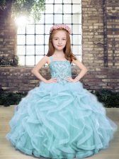 Exquisite Tulle Straps Sleeveless Lace Up Beading and Ruffles Little Girl Pageant Dress in Light Blue