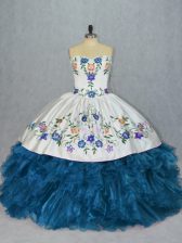  Blue Lace Up Sweetheart Embroidery and Ruffles Quinceanera Gown Organza Sleeveless