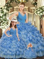 Customized Floor Length Blue Quince Ball Gowns Organza Sleeveless Ruffled Layers and Ruching