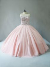 Best Selling Peach Lace Up Quinceanera Gowns Beading Sleeveless Floor Length