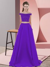 Luxurious Purple Off The Shoulder Neckline Beading Prom Gown Sleeveless Backless