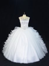  Ball Gowns 15th Birthday Dress White Scoop Organza Sleeveless Floor Length Lace Up