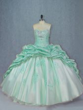 Decent Sleeveless Beading and Pick Ups Lace Up Quinceanera Dresses with Apple Green Brush Train