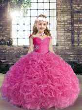 New Style Fuchsia Straps Lace Up Beading and Ruching Child Pageant Dress Sleeveless