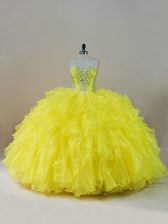  Yellow Sweetheart Neckline Beading and Ruffles Sweet 16 Dresses Sleeveless Lace Up