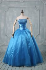 Excellent Baby Blue Strapless Neckline Beading and Sequins Quinceanera Gowns Sleeveless Lace Up