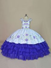 Great Blue and Purple Satin and Organza Lace Up V-neck Sleeveless Floor Length Vestidos de Quinceanera Embroidery and Ruffled Layers