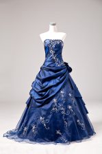  Blue Ball Gowns One Shoulder Sleeveless Floor Length Lace Up Embroidery and Hand Made Flower Sweet 16 Quinceanera Dress