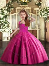Fashionable Fuchsia Tulle Lace Up Straps Sleeveless Floor Length Kids Pageant Dress Beading