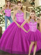 Affordable Fuchsia Three Pieces Beading Ball Gown Prom Dress Lace Up Tulle Sleeveless Floor Length