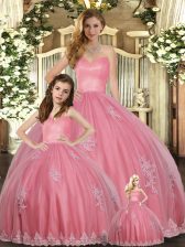  Watermelon Red Quinceanera Gown Military Ball and Sweet 16 and Quinceanera with Appliques Sweetheart Sleeveless Lace Up