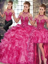  Fuchsia Sleeveless Floor Length Beading and Ruffles Lace Up Sweet 16 Dresses