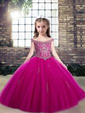  Fuchsia Tulle Lace Up Little Girls Pageant Dress Wholesale Sleeveless Floor Length Beading