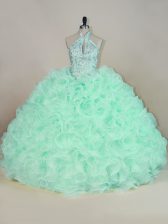  Halter Top Sleeveless Fabric With Rolling Flowers Sweet 16 Quinceanera Dress Beading and Ruffles Brush Train Lace Up