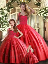 Unique Red Tulle Lace Up Halter Top Sleeveless Floor Length Sweet 16 Dresses Appliques