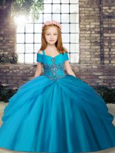 Elegant Floor Length Lace Up Girls Pageant Dresses Baby Blue for Party and Sweet 16 and Wedding Party with Beading