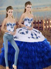 Perfect Floor Length Royal Blue Vestidos de Quinceanera Organza Sleeveless Embroidery and Ruffled Layers and Bowknot