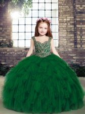 Pretty Straps Sleeveless Child Pageant Dress Floor Length Beading and Ruffles Dark Green Tulle