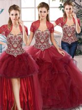  Burgundy Off The Shoulder Lace Up Beading and Ruffles Quinceanera Gown Sleeveless