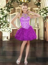  Halter Top Sleeveless Tulle Homecoming Dress Beading and Ruffles Lace Up