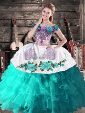 Exquisite Turquoise Sleeveless Floor Length Embroidery Lace Up Quinceanera Gown