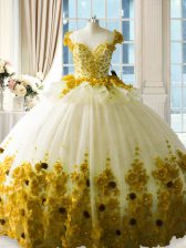  Olive Green Ball Gowns Tulle Scoop Sleeveless Hand Made Flower Zipper Quinceanera Gown Brush Train