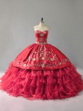  Sweetheart Sleeveless Organza 15 Quinceanera Dress Embroidery and Ruffles Lace Up