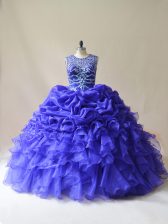 Spectacular Scoop Sleeveless Quinceanera Gown Floor Length Beading and Ruffles and Pick Ups Purple Organza