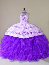 Beautiful Purple Sleeveless Embroidery and Ruffles Lace Up Quince Ball Gowns