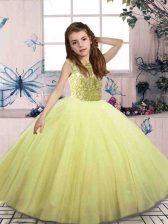 Fantastic Tulle Scoop Sleeveless Lace Up Beading Little Girls Pageant Gowns in Yellow Green
