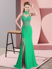 High Class Green Column/Sheath Beading and Lace and Appliques Evening Dress Backless Chiffon Sleeveless Floor Length