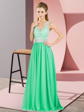 Lovely Chiffon V-neck Sleeveless Backless Beading and Lace and Appliques in Apple Green