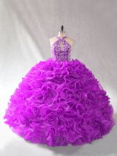 Sleeveless Organza Floor Length Lace Up 15th Birthday Dress in Purple with Beading