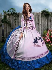  Sleeveless Floor Length Embroidery and Ruffles Lace Up Quinceanera Gowns with Blue And White
