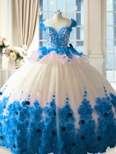  Sleeveless Hand Made Flower Zipper Quinceanera Dresses with Blue And White Brush Train