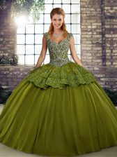  Olive Green Ball Gowns Beading and Appliques 15 Quinceanera Dress Lace Up Tulle Sleeveless Floor Length
