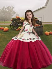 Amazing Coral Red Ball Gowns Straps Sleeveless Organza Floor Length Lace Up Embroidery Pageant Dress for Teens