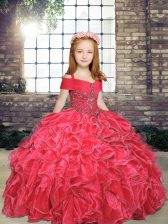  Beading and Ruffles Girls Pageant Dresses Red Lace Up Sleeveless Floor Length