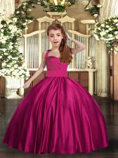 Luxurious Fuchsia Ball Gowns Satin Straps Sleeveless Ruching Floor Length Lace Up Kids Formal Wear