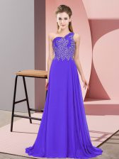  Purple Empire Chiffon One Shoulder Sleeveless Beading Floor Length Side Zipper Prom Evening Gown