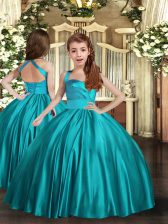 Perfect Teal Sleeveless Floor Length Ruching Lace Up Kids Formal Wear
