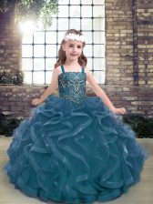 Low Price Straps Sleeveless Little Girls Pageant Dress Floor Length Beading and Ruffles Blue Tulle